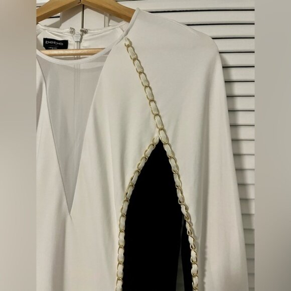 NWOT bebe Black and White Long-Sleeved Knee-Length Dress with Gold Chain Accent - Picture 4 of 8
